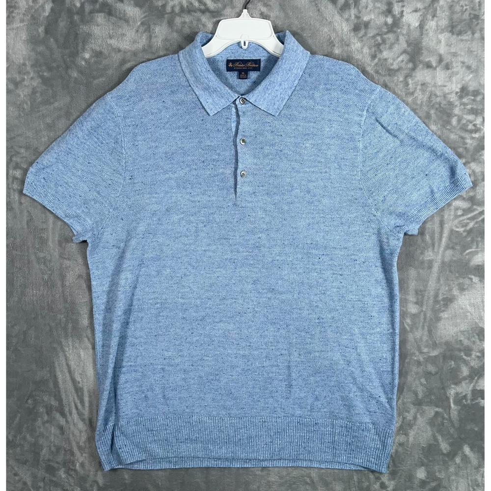 Brooks Brothers 100% Linen Sweater Polo Mens XL Blue Short Sleeve Pullover Knit